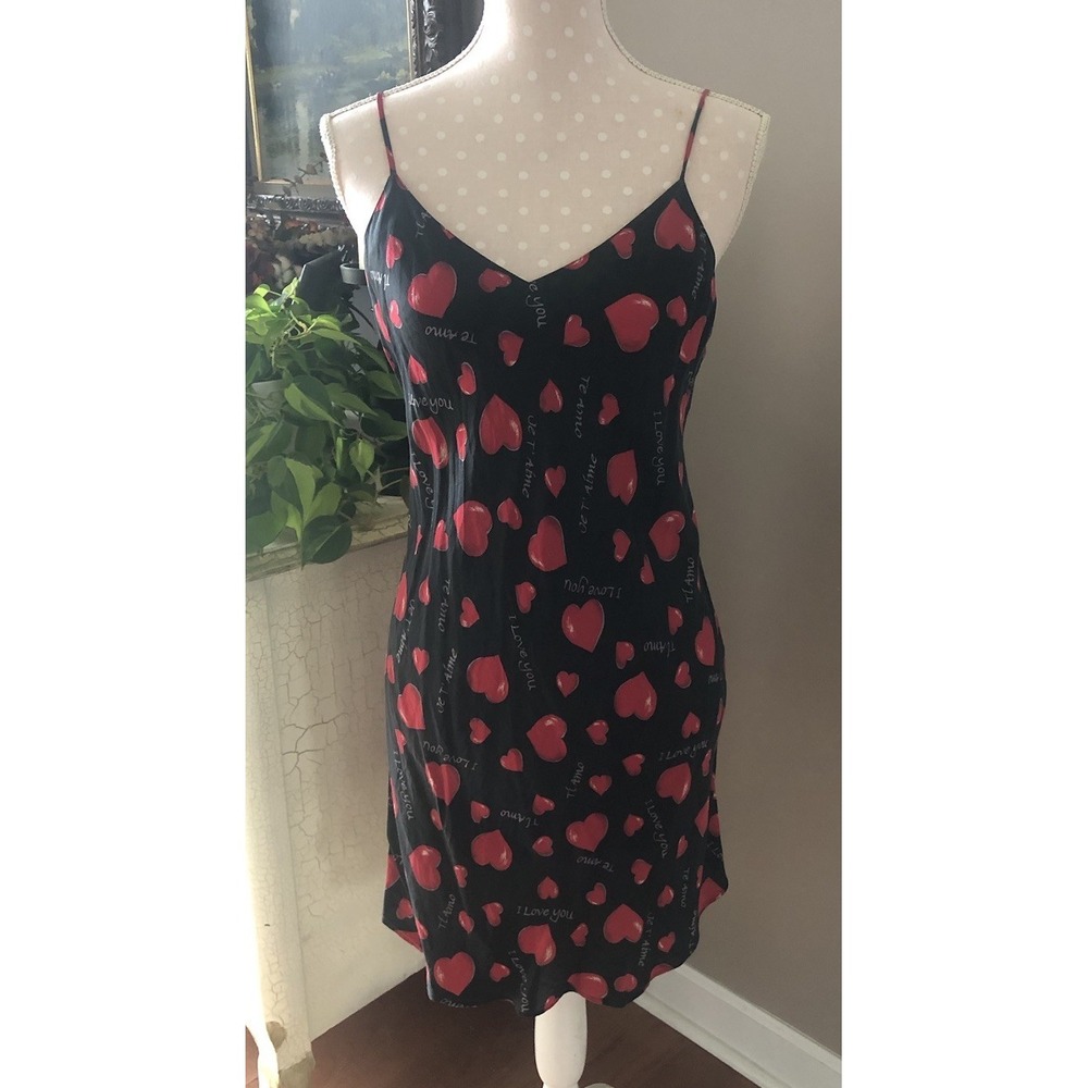 Vtg Intimate Style 100% Silk Babydoll Chemise Slip Dress Hearts Love Black Red M